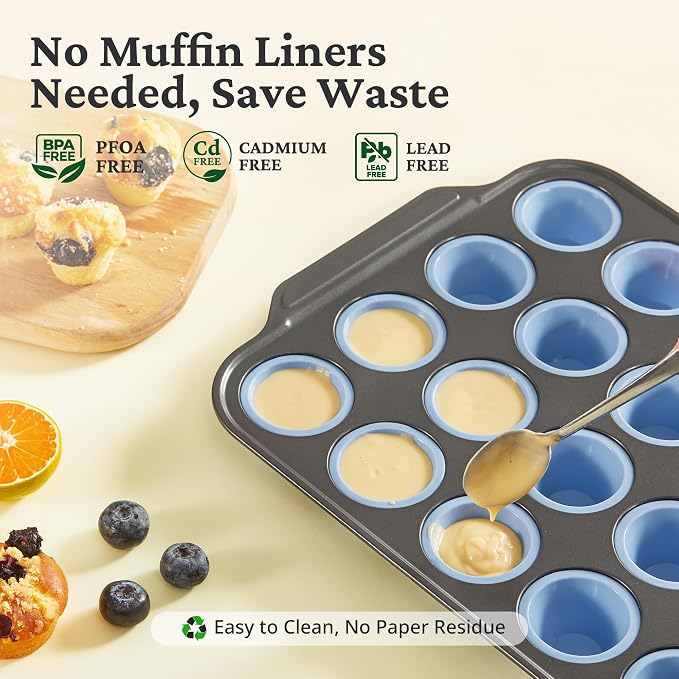 BRONYPRO 2-Pack 12 Cup and Mini 24 Cup Silicone Muffin Pans for Baking with Metal Frame, Egg Bite Molds, Muffin Tins Easy to Pop Nonstick Non Toxic Bakeware for Oven,Blue - Image 5