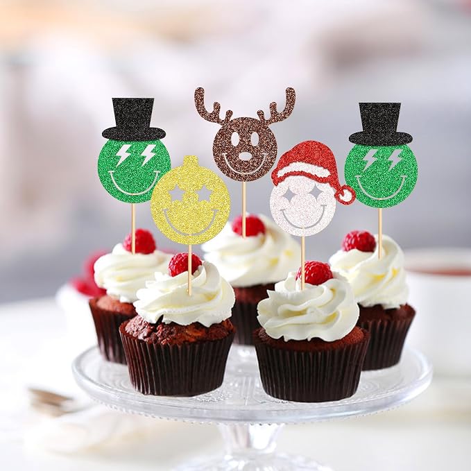24 Pack Christmas Cupcake Toppers -Antler、Disco Ball、Santa's Hat、Picks Merry Christmas Theme Holiday Baby Shower Birthday Party Cake Decorations Supplies - Image 4