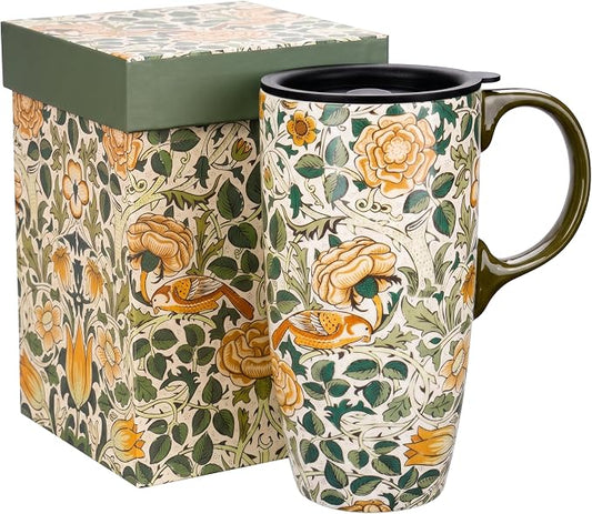Topadorn 17oz Ceramic Travel Mug with Lid, William Morris Bird & Rose | Coffee Mug with Handle, Vintage Botanical Latte Cup, Microwave & Dishwasher Safe by Topadorn