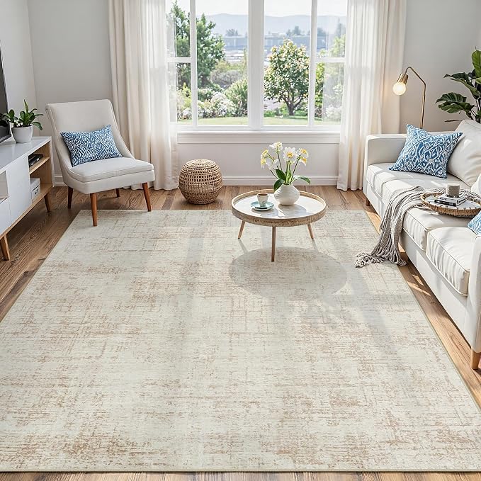 5x7 Washable Area Rug for Living Room Bedroom: Non-Slip Modern Beige White | Machine Washable TPR Backing, Stain-Resistant Low Pile, Pet & Kid Friendly, Abstract Decor for Dining Room, Dorm, Home Office by Oriannal
