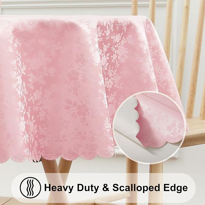 Smiry Round Waterproof Heavy Duty Vinyl Tablecloths, 60 x 60 Inch | Wipeable Washable Floral Embossed Table Cover for Kitchen and Dining Room, Indoor & Outdoor Use, Pink - Image 4