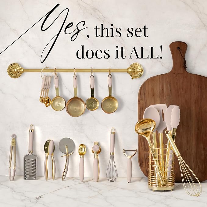 Styled Settings Beige and Gold Utensils Set, 23-Piece | Silicone Nonstick Cooking Tools with Garlic Press, Can Opener, Measuring Cups, Utensil Holder - Luxury Kitchen Accessories - Image 2