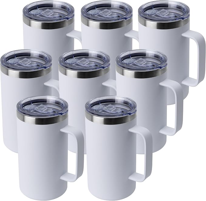 DOMICARE 24oz Mug with Handle and Lid, Stainless Steel Coffee Mug, Travel Mug with Handle, Double Wall Vacuum Coffee Tumbler, Reusable Insulated Cup, White, Pack 8 by VisittheDOMICARE