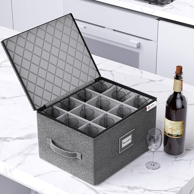 Wine Glass Storage Box with Dividers,Hard Shell and Stackable Stemware Storage Containers with Sturdy Handle for Glassware Crystal Storage and Transport,Grey,Holds 12 - Image 5