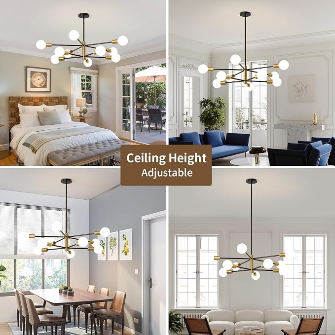 Sputnik Chandeliers Moderna Light Fixture, 10 Lights Black and Gold Mid Century Ceiling Chandelier, Height Adjustable for Living Room, Kitchen, Dining Room, Bedroom,Foyer - Image 3