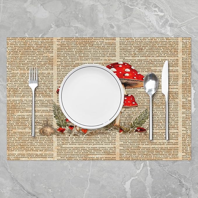 Feelyou Cute Mushroom Decor Table Place Mats 18"x12" Lettering Placemats Set of 4 Wild Mushroom Placemat for Kitchen Dining Table Decor Indoor Outdoor Longleg Mushroom Decor Table Place Mats - Image 2