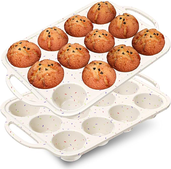 RICCLE 2 Pack Silicone Muffin Pan with Metal Reinforced Frame, 12-Cup Cupcake Pan, Silicone Muffin Tray Cupcake Baking Pan Molds, Molds for baking, Oven & Dishwasher Safe, BPA-Free
