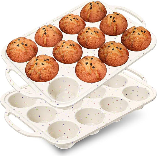 RICCLE 2 Pack Silicone Muffin Pan with Metal Reinforced Frame, 12-Cup Cupcake Pan, Silicone Muffin Tray Cupcake Baking Pan Molds, Molds for baking, Oven & Dishwasher Safe, BPA-Free