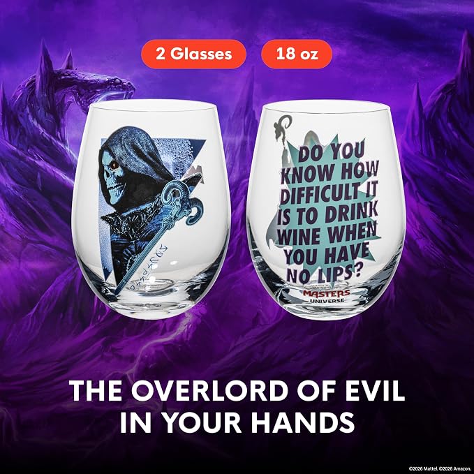 Dragon Glassware x Masters of the Universe Skeletor Wine Glasses, 18 oz | Stemless Wine Glasses Set of 2; MOTU Wine Glass Tumblers; Official Masters of the Universe 2026 Movie Merch - Image 2