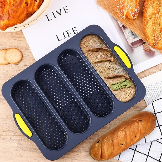 2 Pcs Silicone Bread Loaf Pan, Non-Stick Baguette Bread Pan Food Grade, 4-Cavity Perforated French Baking Mold for Homemade Bread, French Baguette, Sandwich Rolls