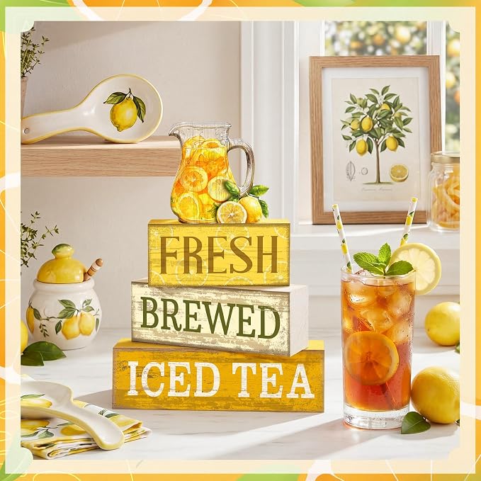 Moucuny 4 Pcs Summer Lemon Decor Summer Table Decorations Fresh Brewed Iced Tea Wooden Stacked Block Decor Rustic Summertime Tiered Tray Decoration for Kitchen Counter, Coffee Bar, Dining Table - Image 6