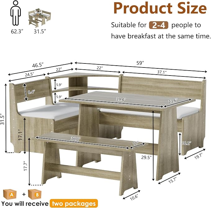 PAKASEPT Corner Breakfast Nook Table Set Kitchen Bench with Soft Cushion | Farmhouse Wood Dining Set,Reversible L-Shaped Corner Bench,Lift-Top Hidden Storage,Soft Padded Cushions,Space-Saving Design - Image 2