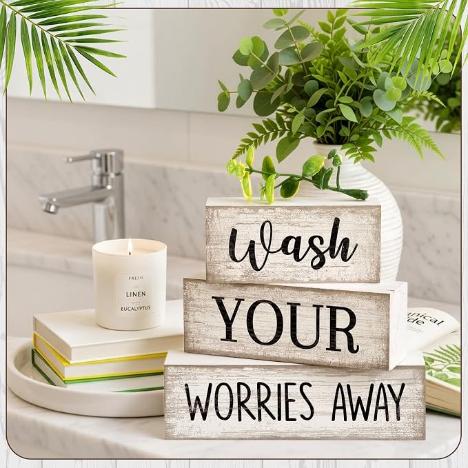 Moucuny 4 Pcs Farmhouse Laundry Room Decor Stacked Blocks Wash Your Worries Away Sign Funny Bathroom Shelf Decor and Accessories Rustic Eucalyptus Leaves Block Signs for Home Bathroom Toilet Washroom - Image 7