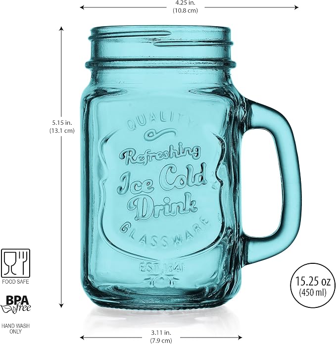Glaver's Mason Jar Drinking Glasses Set Of 4, 15 oz. Colored Mugs With Embossed Ice-Cold Drinkware Logo, Glass Mason Jar Mug With Handle. For Smoothies, Cocktails, Beverages. Hand Wash - Image 3