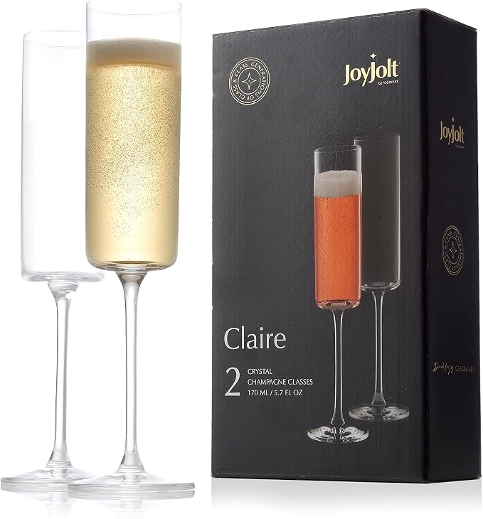 JoyJolt Champagne Flutes, Claire Collection Crystal Champagne Glasses Set of 2, 5.7 Ounce Capacity, Exquisite Craftsmanship, Ideal for Home Bar, Special Occasions – Made in Europe by JoyJolt