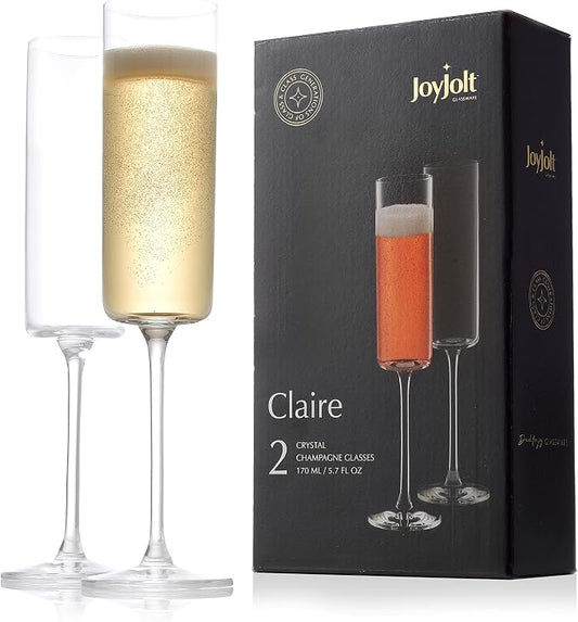JoyJolt Champagne Flutes, Claire Collection Crystal Champagne Glasses Set of 2, 5.7 Ounce Capacity, Exquisite Craftsmanship, Ideal for Home Bar, Special Occasions – Made in Europe by JoyJolt