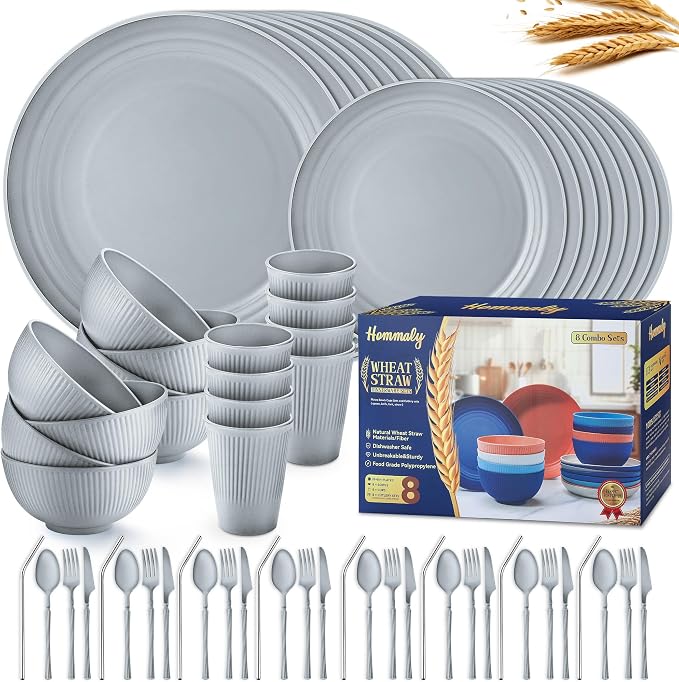 Wheat Straw Dinnerware Sets,64-Piece Plates and Bowls Sets for 8-Unbreakable,Reusable Plastic Dish Set-Dinner Plate/Dessert Plate/Cereal Bowl/Cup/Utensils-Microwavable Dishwasher Safe 64P-Gray by HOMMALY