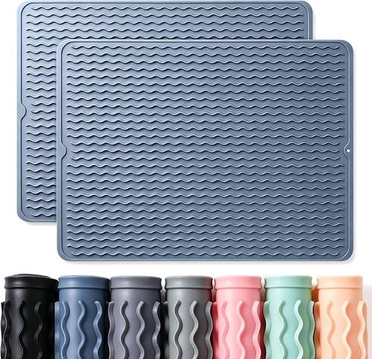 2 Pack Caketime Silicone Dish Drying Mat for Kitchen Counter Multiple Usage for Cooking Grilling Under Sink Office Coffee Accessories Appliances Pioneer Woman Stuff Extra Large 24"x18" Blue by CAKETIME
