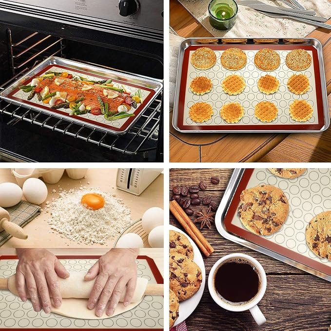 Wildone Baking Sheet with Silicone Mat Set, Set of 4 (2 Sheets + 2 Mats), Wildone Stainless Steel Cookie Sheet Baking Pan with Silicone Mat, Size 10 x 8 x 1 inch, Non Toxic & Heavy Duty & Easy Clean - Image 4
