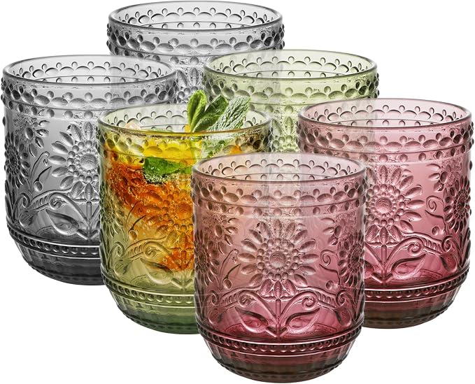 Topsky Vintage Drinking Glass Set of 6,12 oz Embossed Floral Decorative Glassware Set,Glass Cups Wine Glasses Beverages Tumblers Colored Glassware for Whisky,Beer,Juice,Cocktail,Heavy Duty by HomeandKitchenNO1