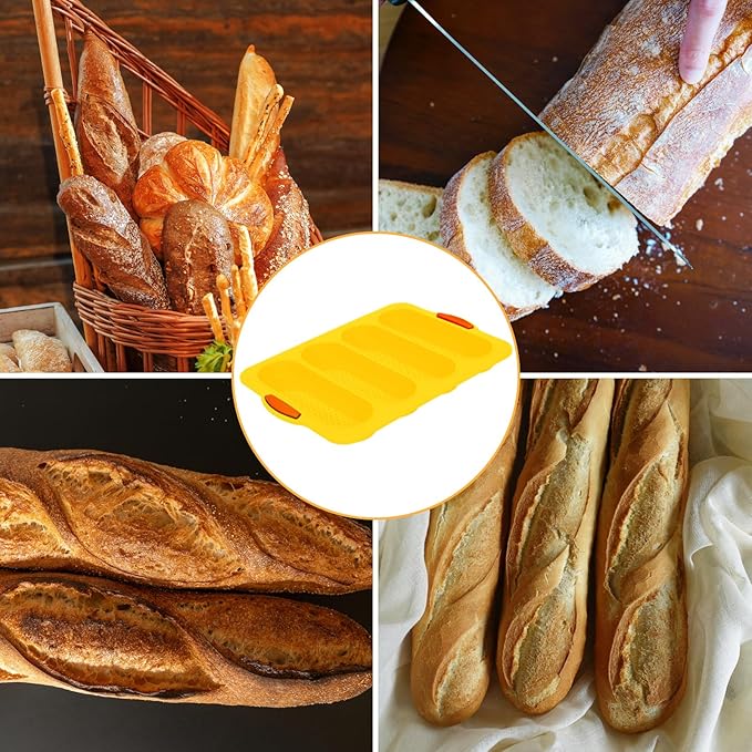 Silicone Bread Loaf Pan, 4-cavity Non-Stick Baguette Bread Pan Heat Resistant Hot Dog Bun Mold, for Sub Roll Baking Pan Bread Pans for Homemade Bread（Yellow）