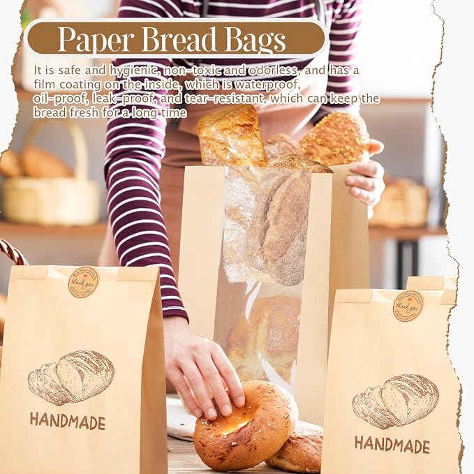 Feifeiya 100 Pack Kraft Paper Bread Bags for Homemade Sourdough Bread with Window & Stickers, 13.7x8.3" Large Bakery Bags for Loaves Greaseproof Food Packaging for Baking Gifts, Brown(Novel Style) - Image 3