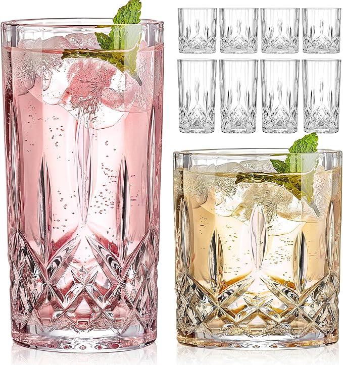 Qipecedm Drinking Glasses, 8 Piece Crystal Glass Cups, Mixed Glassware Set, 4 pcs Crystal Old Fashioned 11oz Highballs and 4 pcs 11oz Whiskey Glasses, Great for Cocktail, Whisky and other Beverages by Qipecedm