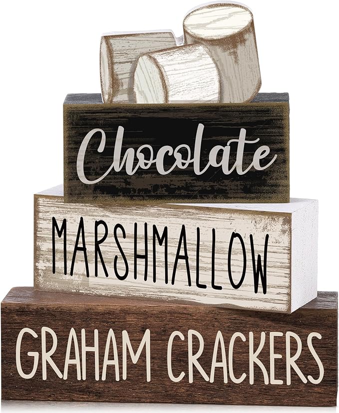 Moucuny 4 Pcs Christmas Table Decoration Wooden Marshmallow Chocolate Christmas Tiered Tray Decor Xmas Centerpiece Decorative Hot Cocoa Marshmallow Block Signs Gift Winter Decoration for Home Kitchen by Moucuny