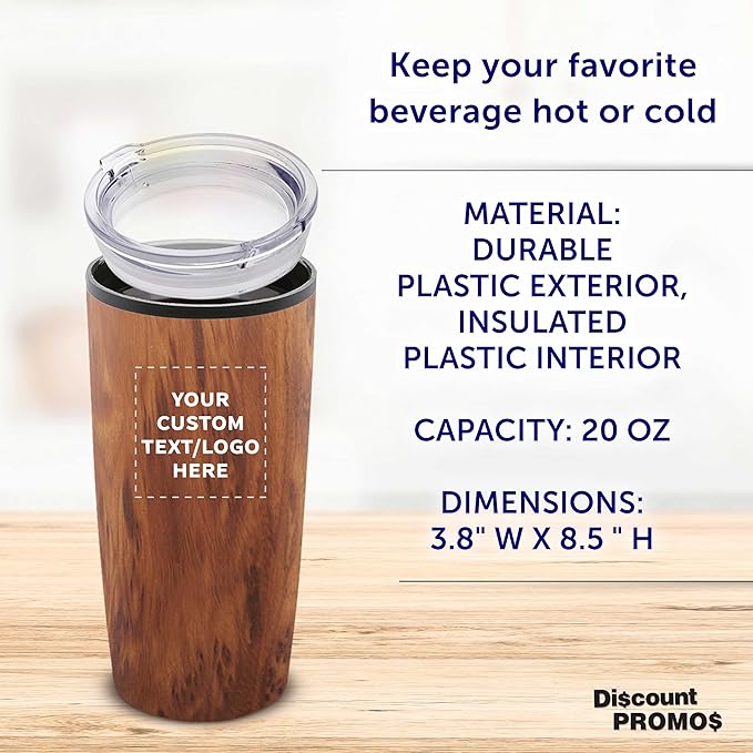 Custom Plastic Tumblers 20 oz Set of 6/12/24 Personalized Bulk Pack with Lids, Ice Coffee Tumbler, To Go Cup Insulated - Wood