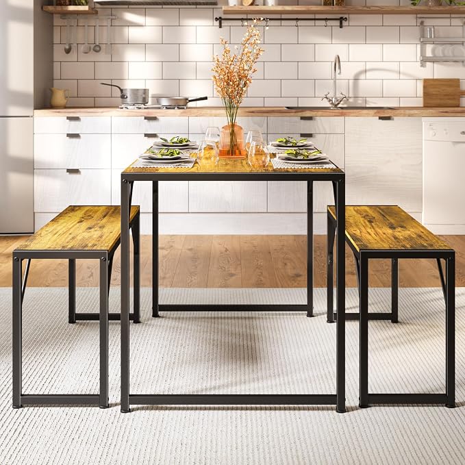 Bealife Dining Table Set for 4 with Metal Frame and MDF Board - Retro | Space Saving Kitchen Table with 2 Benches, Kitchen Table Set for Apartment, Dining Room, Breakfast Nook - Image 7