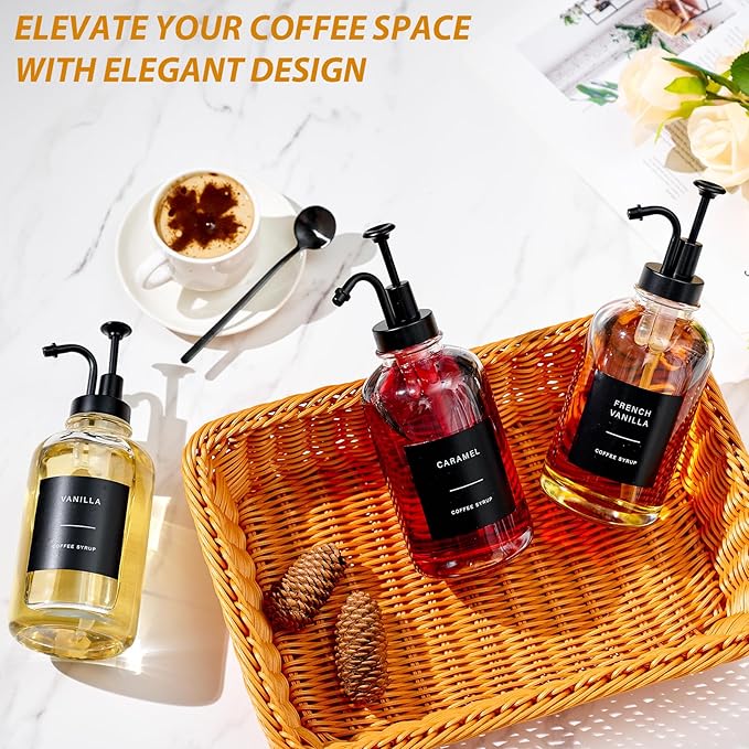Coffee Syrup Dispenser for Coffee Bar, Glass Syrup Dispenser with Pump, Coffee Syrup Pump Dispenser Bottle, Spoon for Coffee Station, Coffee Bar Organizer, Black,16.9 oz, 500 ml
