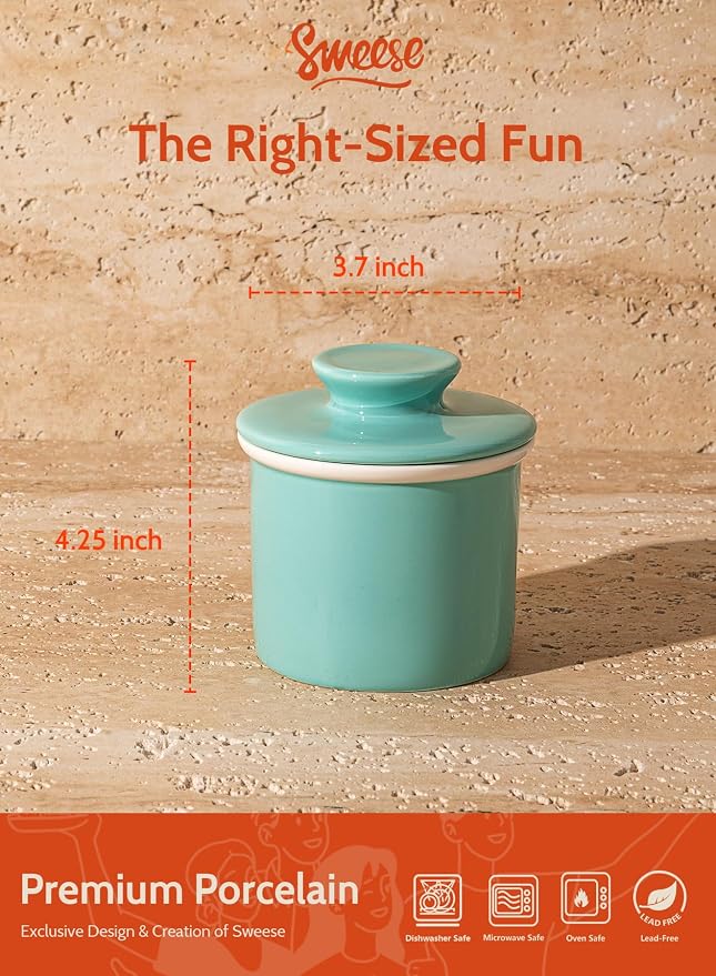 Sweese French Butter Dish with Lid - Butter Crock for Counter with Water Line for Spreadable Butter - No More Hard Butter - Turquoise - Image 2