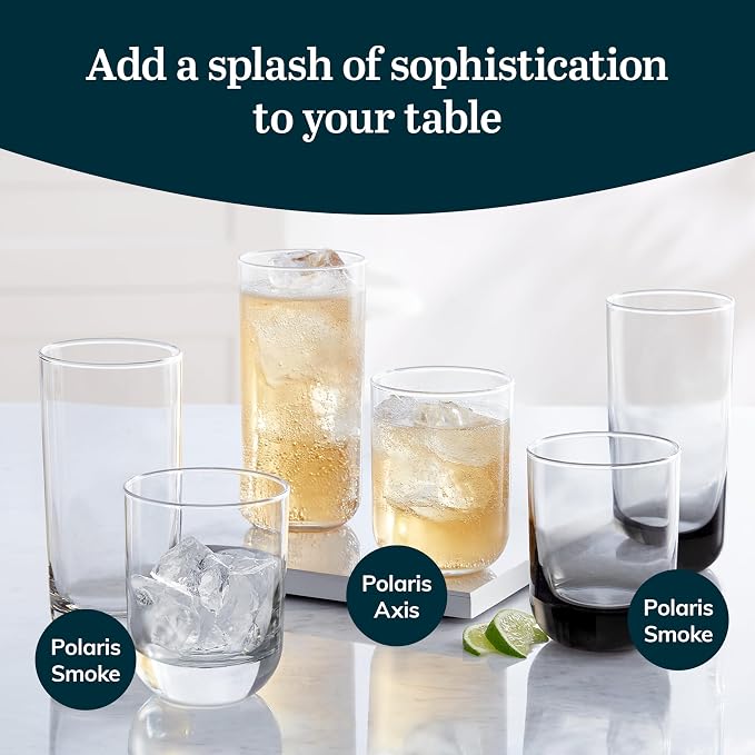 Libbey Polaris Tumbler and Rocks Glass Cups Set, Smoke Hue Mixed Drink Glasses with Straight Lines, Lead-Free, Drinkware Set of 16 for all Beverages - Image 4