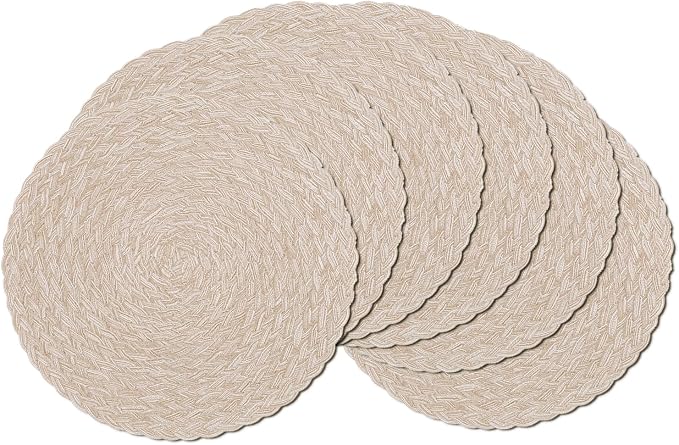 SHACOS Round Braided Placemats 15 inch Set of 6 Thick Boho Kitchen Table Placemats for Home Wedding Party (T-Beige, 6) by SHACOS