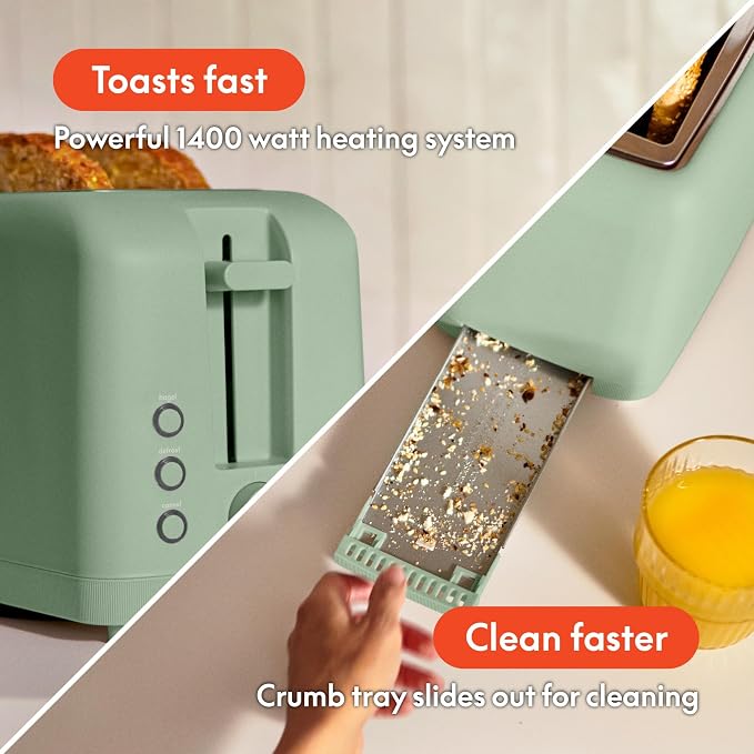 bella 4 Slice Slim Toaster, Fits-anywhere™ Kitchenware, 6 Setting Shade Control with Reheat & Cancel Buttons, Fits Sourdough, 10” Long Slot, Anti Jam & Auto Shutoff, 900 Watt, Seaglass - Image 6