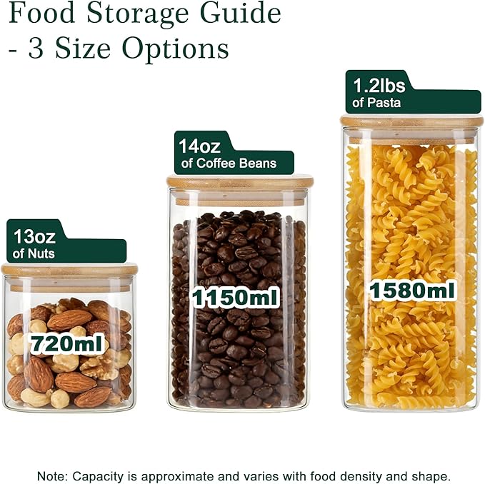 LIBWYS 12-Pack Glass Pantry Storage Jars with Bamboo Lids(0.76/1.22/1.67Qt) | Stackable Dry Food Containers for Pantry Organization, Coffee, Flour, Snacks, Tea, Pasta, Spaghetti | Kitchen Canisters Set - Image 3