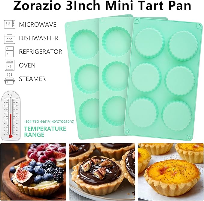 3Pack Mini Tart Pan Silicone, Mini Quiche Pans 3Inch,Non-stick Pie Pans, Egg Tart Mold for Pies, Quiches, Mousse Cakes, Dessert Baking