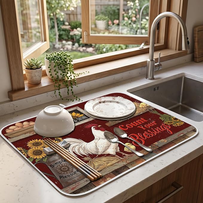 Rustic Hens Dish Drying Mat for Kitchen Counter Coffee Bar 18x24 in | Farmhouse Themed Non Slip Absorbent Kitchen Dishes Drainer Mat, with Anti-slip Rubber Backing & Hanging Loop, for Sink - Image 8
