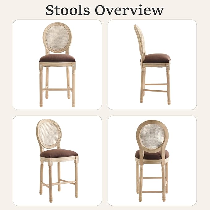 French Country Barstool, Linen Farmhouse Counter Height Chair | Set of 2, with Rattan Round Back and Solid Wood Legs, Oval Chairs for Restaurant, Bar, Kitchen, Café, Brown - Image 6