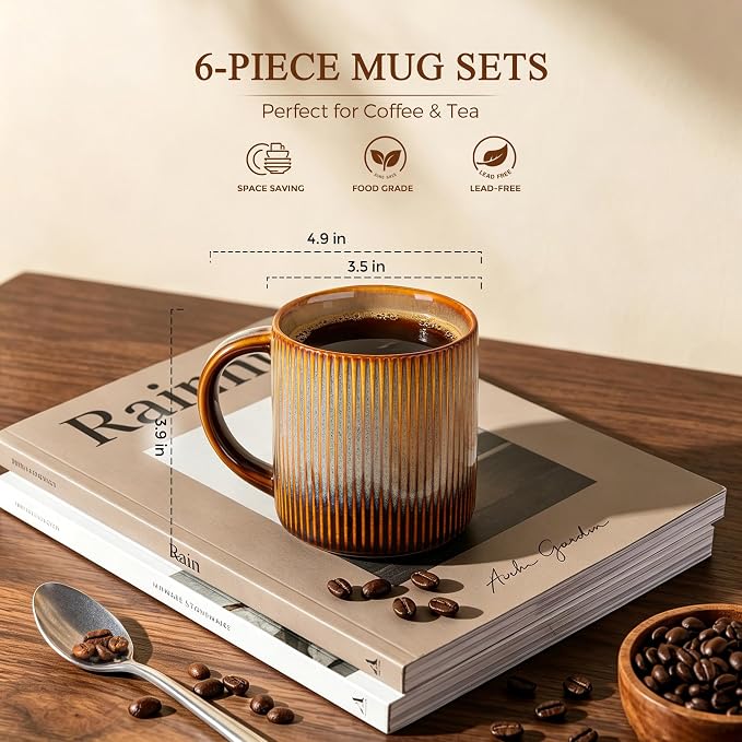 theterra Ceramic Coffee Mugs Set of 6, 14.2 oz Coffee Cups with Handle | Handmade, Suitable for Latte, Tea, Milk, Beer & Hot Cocoa, Creamy Amber - Image 3