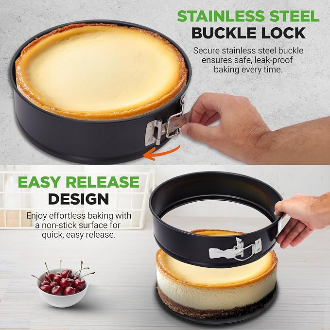 NutriChef 9 Inch Nonstick Cheesecake Springform Cake Pan | Stainless Steel Clasp & Removable Bottom | Durable Stainless Steel Cheesecake Pan | Easy to Clean | Includes 100 Parchment Papers | Black - Image 3