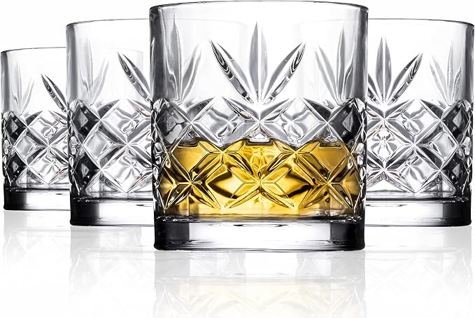 Royalty Art Kinsley Whiskey Glasses, Set of 4, 10.6 oz Crystal Tumblers | Bourbon, scotch, whiskey, cocktails, distinctive Kinsley design, gift for enthusiasts by RoyaltyArt
