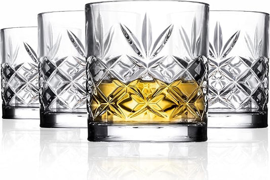 Royalty Art Kinsley Whiskey Glasses, Set of 4, 10.6 oz Crystal Tumblers | Bourbon, scotch, whiskey, cocktails, distinctive Kinsley design, gift for enthusiasts by RoyaltyArt