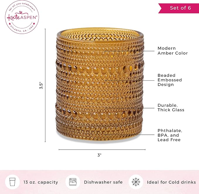 Kate Aspen Beaded Amber Drinking Glasses Set of 6-10 oz Vintage Glassware Jupiter Glasses, Cocktail Glass, Juice Glass, Water Cups Hostess Gift, Present, Gift for Newlyweds (Pack of 4) - Image 7