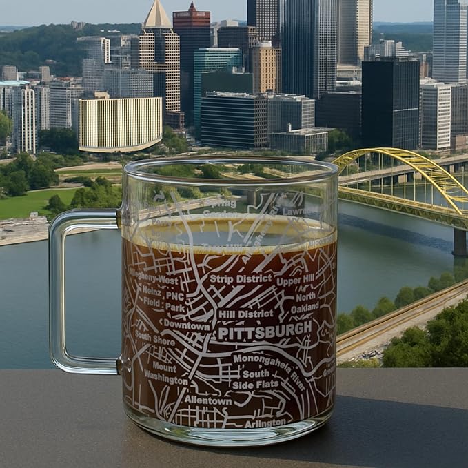 Greenline Goods – Pittsburgh, PA Map Glass Coffee Mugs (Set of 2), 16 oz – Etched Wrap Design