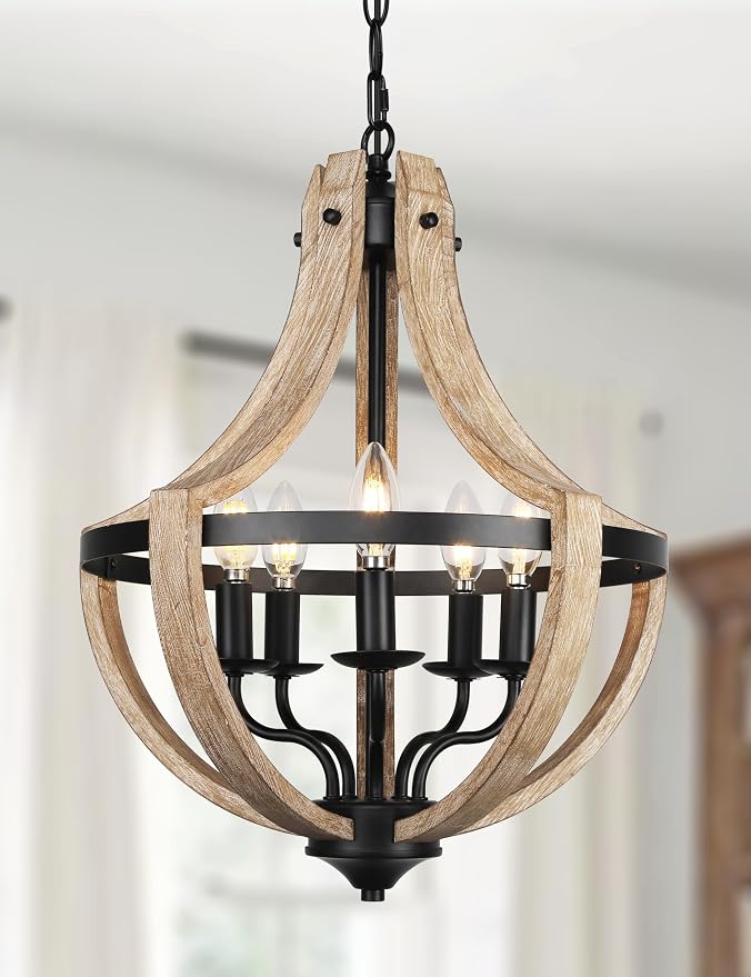 5-Light Farmhouse Wood Chandeliers for Dining Room, Adjustable Height Hanging Rustic Geometric Light Fixture for Kitchen Island Foyer Entryway Living Room by Klgxnrd