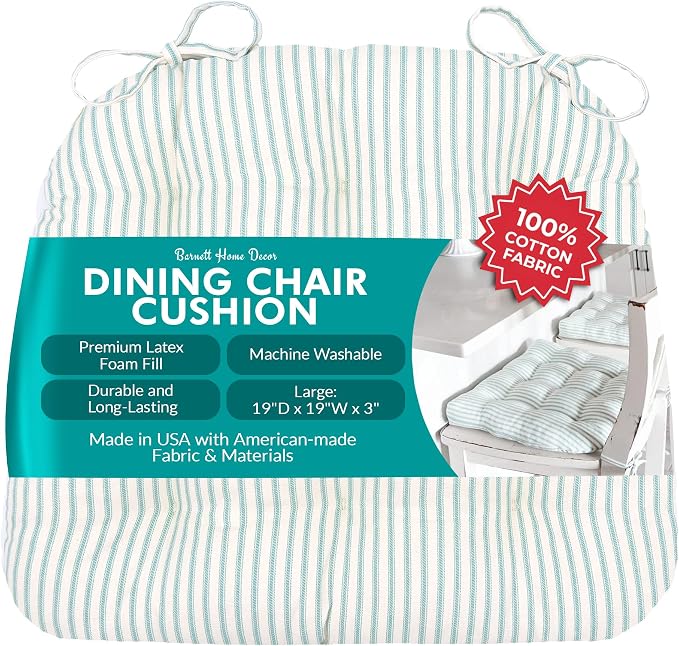 Barnett Home Decor Ticking Stripe Aqua Dining Chair Pad with Ties - 19 x 19 Size Large Chair Cushion - Latex Foam Fill - Machine Washable, Reversible, 100% Cotton, Made in USA (Turquoise) by BarnettHomeDecor