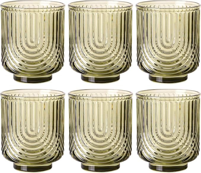 Green Vintage Drinking Glasses Set of 6-15oz Hand-Blown Highball Ribbed Glassware, Arch Design Cocktail Glasses for Whiskey Water Beverages Ice Coffee Juice Milk by TrophyToast
