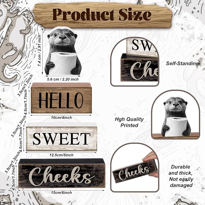 Moucuny 4 Pcs Otter Bathroom Decor Set Farmhouse Bathroom Decor and Accessories Rustic Hello Sweet Cheeks Wooden Blocks Signs with Toilet Paper Funny Toilet Shelf Decoration for Home Office Half Bath - Image 3