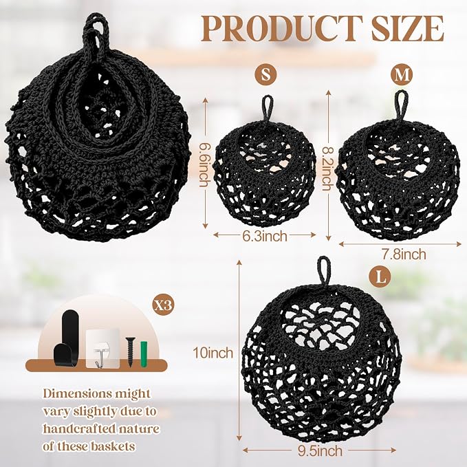 Honeydak Boho Decor Hanging Wall Baskets for Kitchen 3 Pack Teardrop Baskets with Hooks Storage Fruit Onion Vegetable Potato for Home(Black,Crochet,Cotton Rope) - Image 2